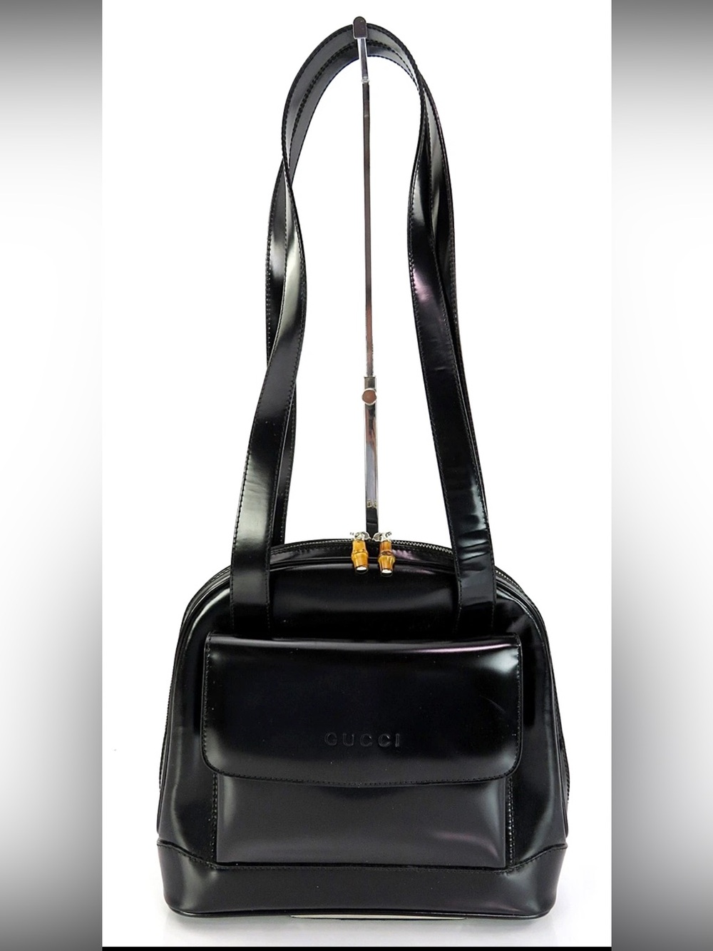 Gucci Black Patent Shoulder Bag with Front Pocket